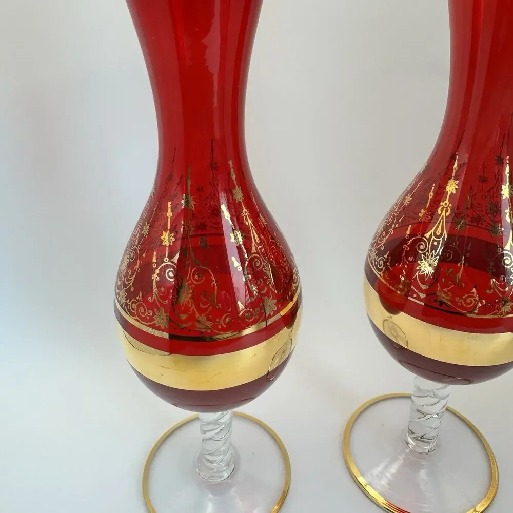 Vintage Vecchia Murano Italian Ruby‎ Red Bud Vase 24K Gold Leaf Overlay